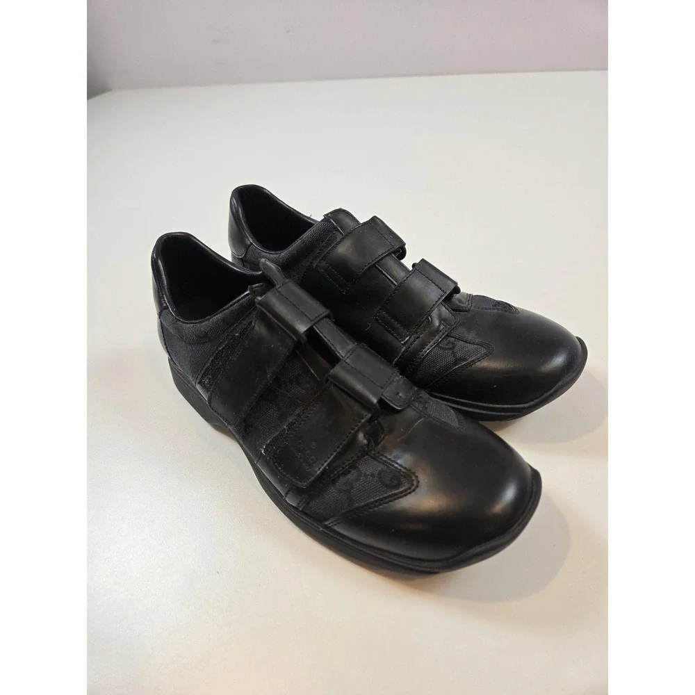 Gucci Shoes Mens Size 7.5 Black Strap Leather Canvas Logo Made In Italy